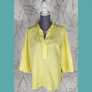 Olsen Yellow 100% Linen Tunic Top 3/4 Length Sleeves Sustainable